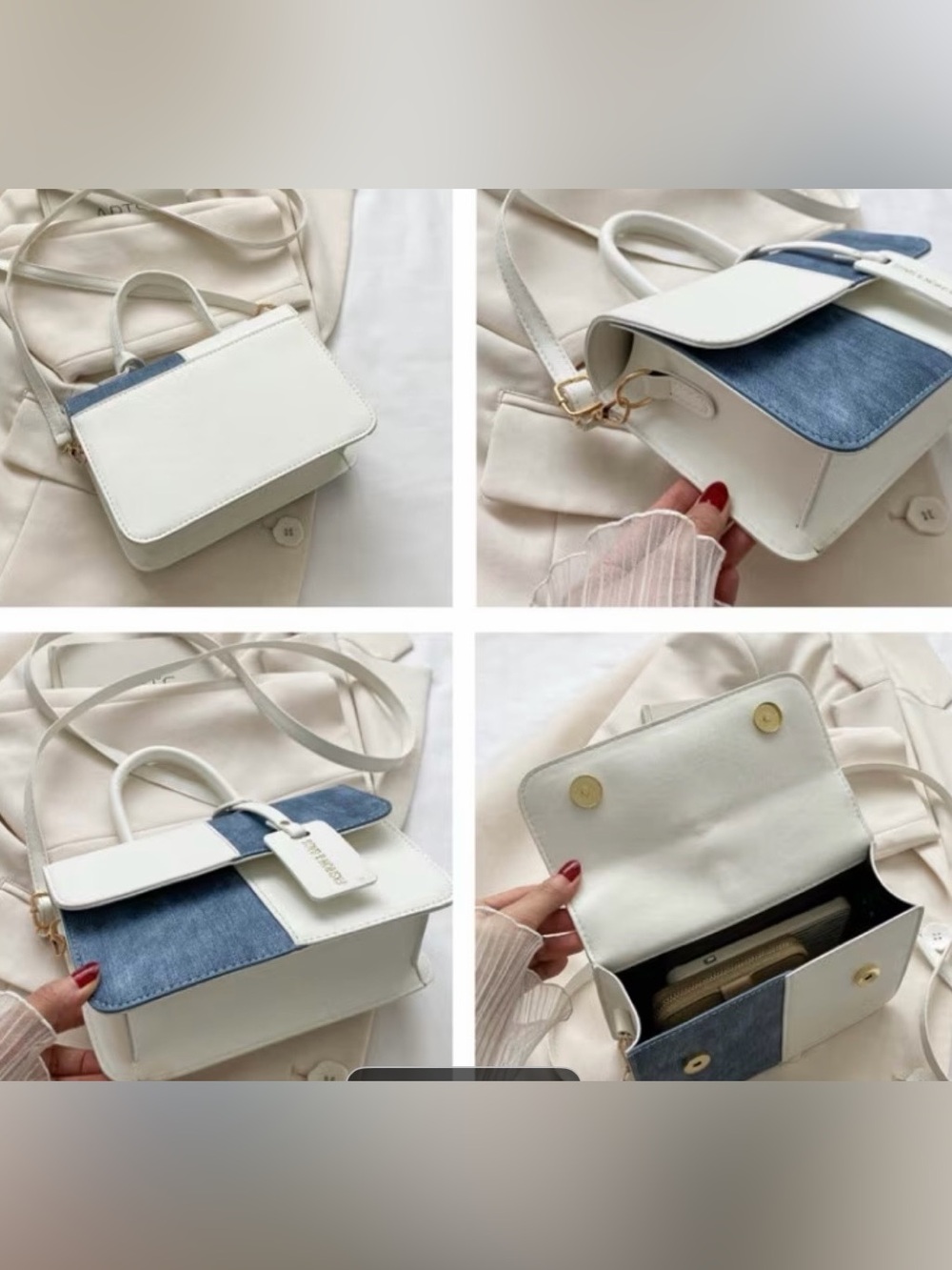 Two-Tone White and Denim Patchwork Top-Handle Crossbody Bag - Picture 3 of 7